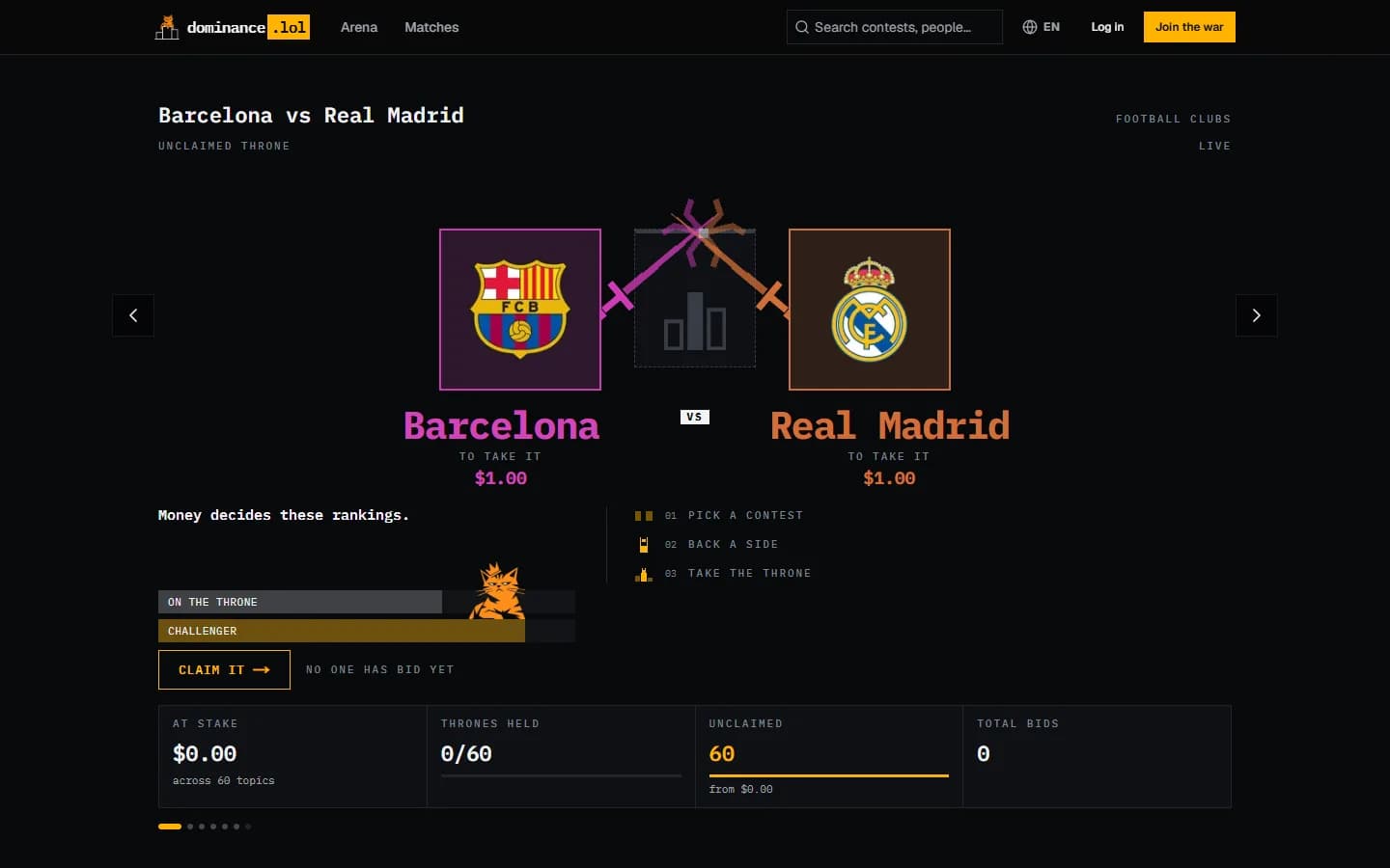 dominance.lol homepage: a throne contest between two clubs on a dark background, with ranking stats