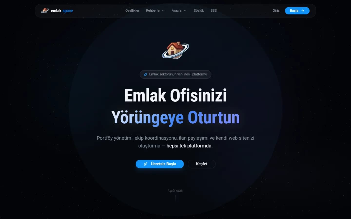 emlak.space homepage: the headline 'Put your real estate office into orbit' on a starry dark background